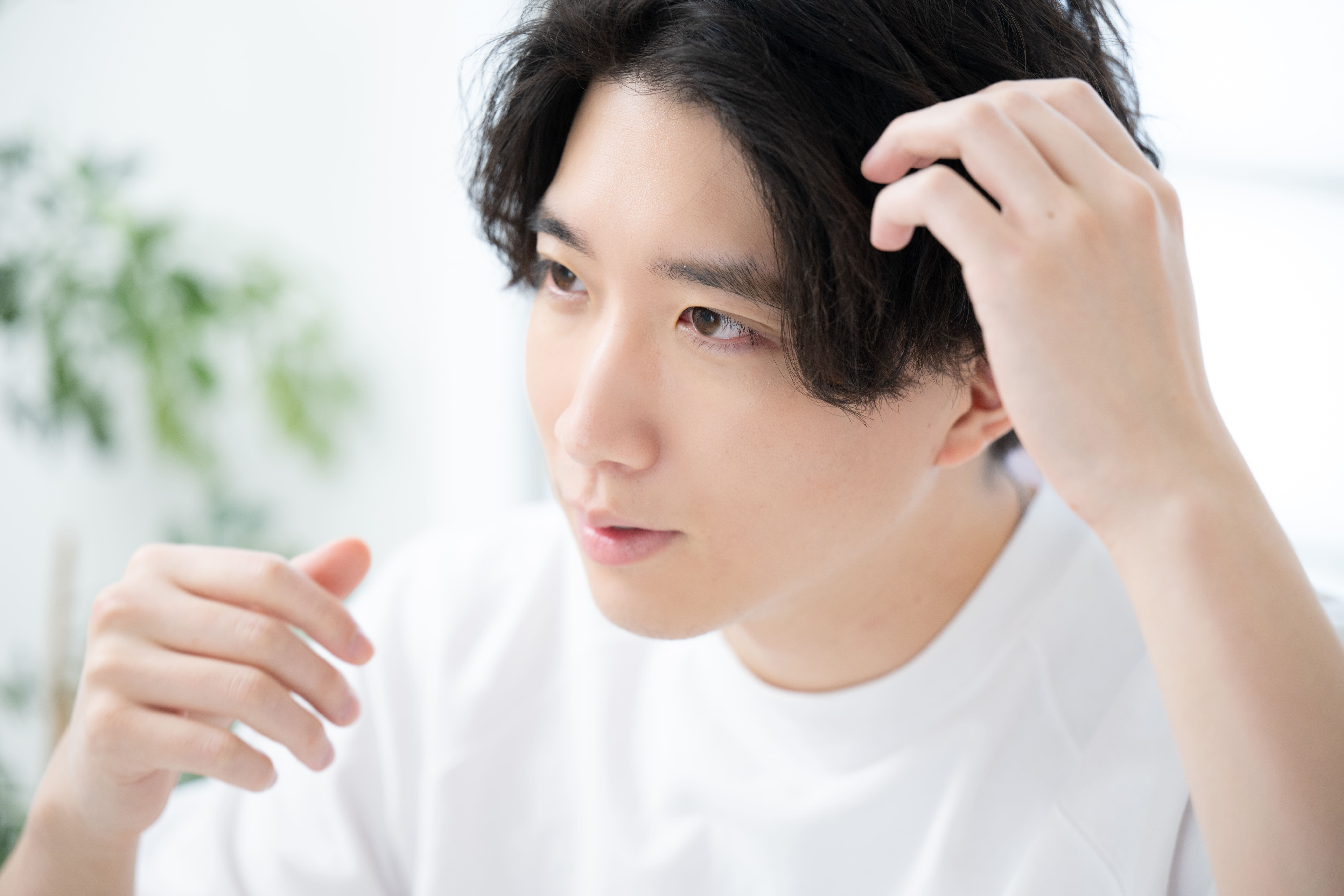 髪を指で整えながら生え際や髪の状態を確認する男性