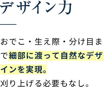 デザイン力 おでこ・生え際・分け目まで細部に渡って自然なデザインを実現。刈り上げる必要もなし。