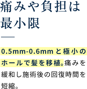 痛みや負担は 最小限 0.5mm-0.6mmと極小のホールで髪を移植。痛みを緩和し施術後の回復時間を短縮。