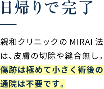 日帰りで完了 親和クリニックのMIRAI法は、皮膚の切除や縫合無し。傷跡は極めて小さく術後の通院は不要です。